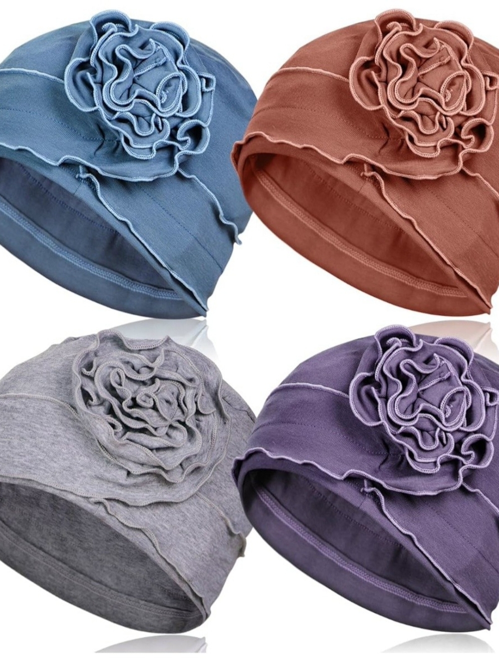 4 Pack 100% Cotton Rose Flower Turban Beanie Chemo Headwear Sleep Caps New